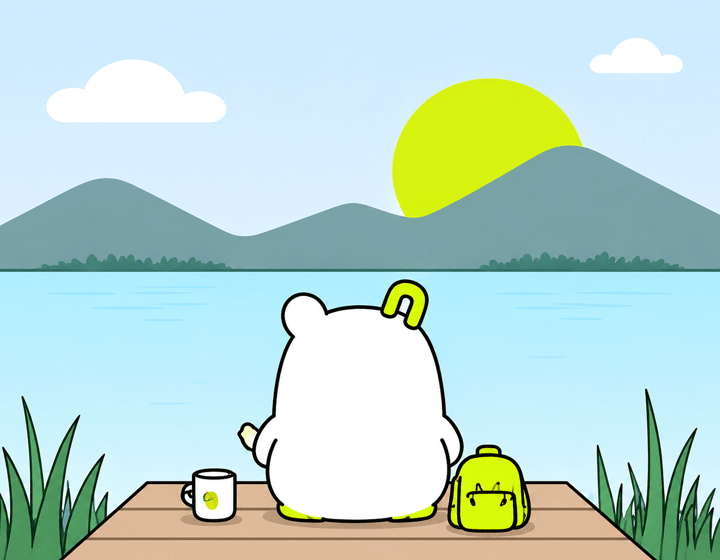 RANURANU mascot sitting on a dock and looking over a lake